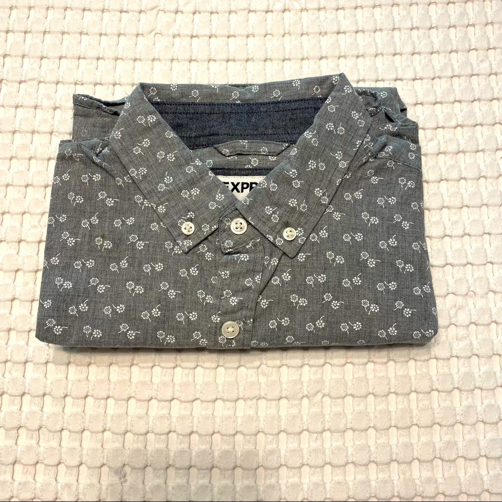 Express Grey and white flowered dress shirt